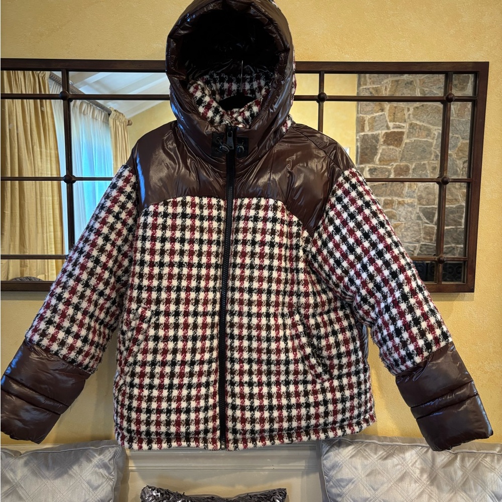 Bernardo Brown and White Plaid Puffer Jacket